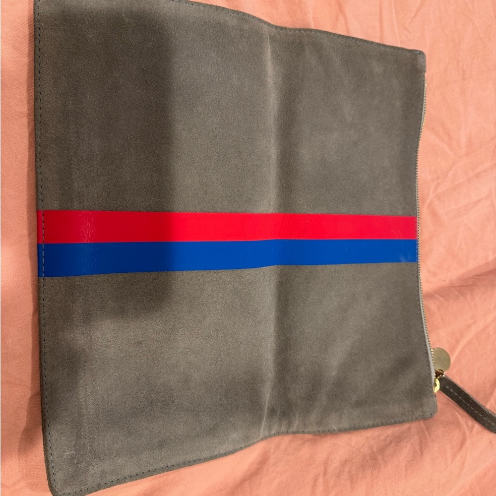 Clare V Gray Suede Clutch with Red and Blue Stripe